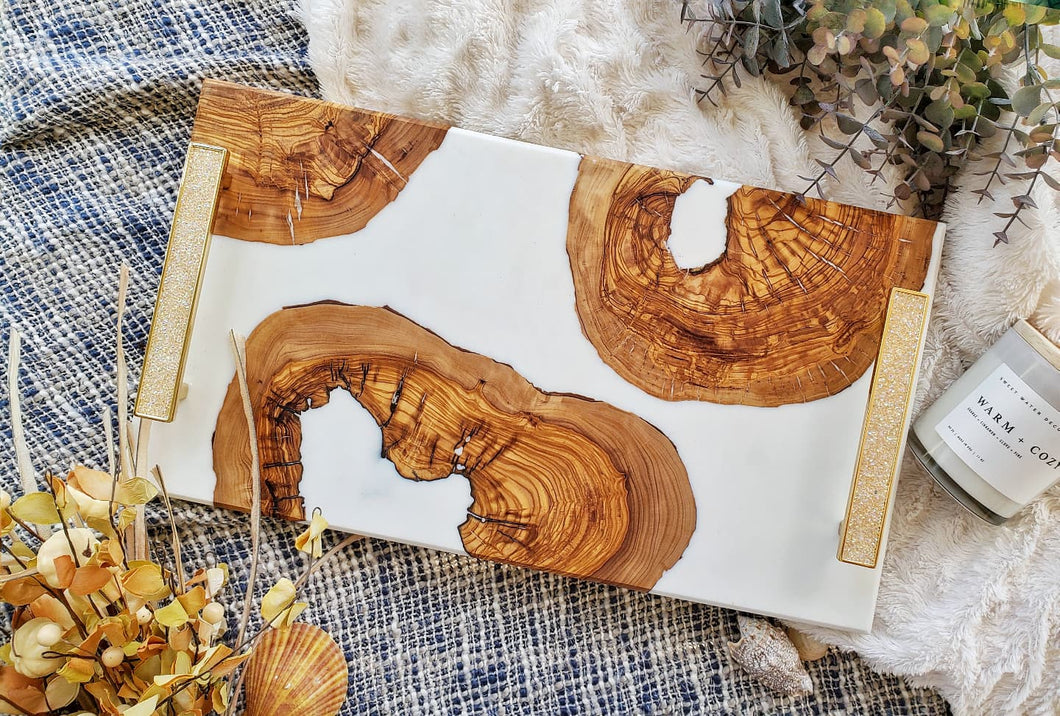 White Olive Wood Island Tray with Decadent Sparkling Handles